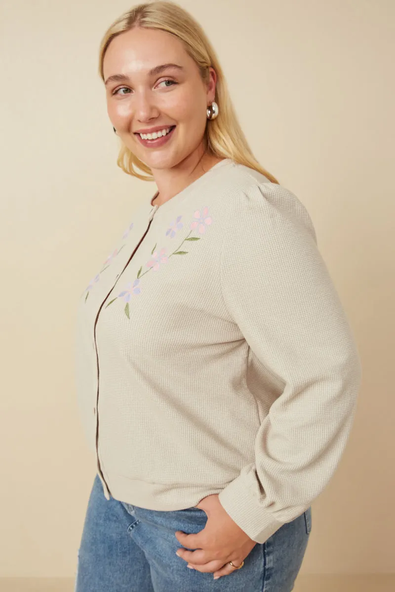 Floral Embroidered Textured Knit Cardigan