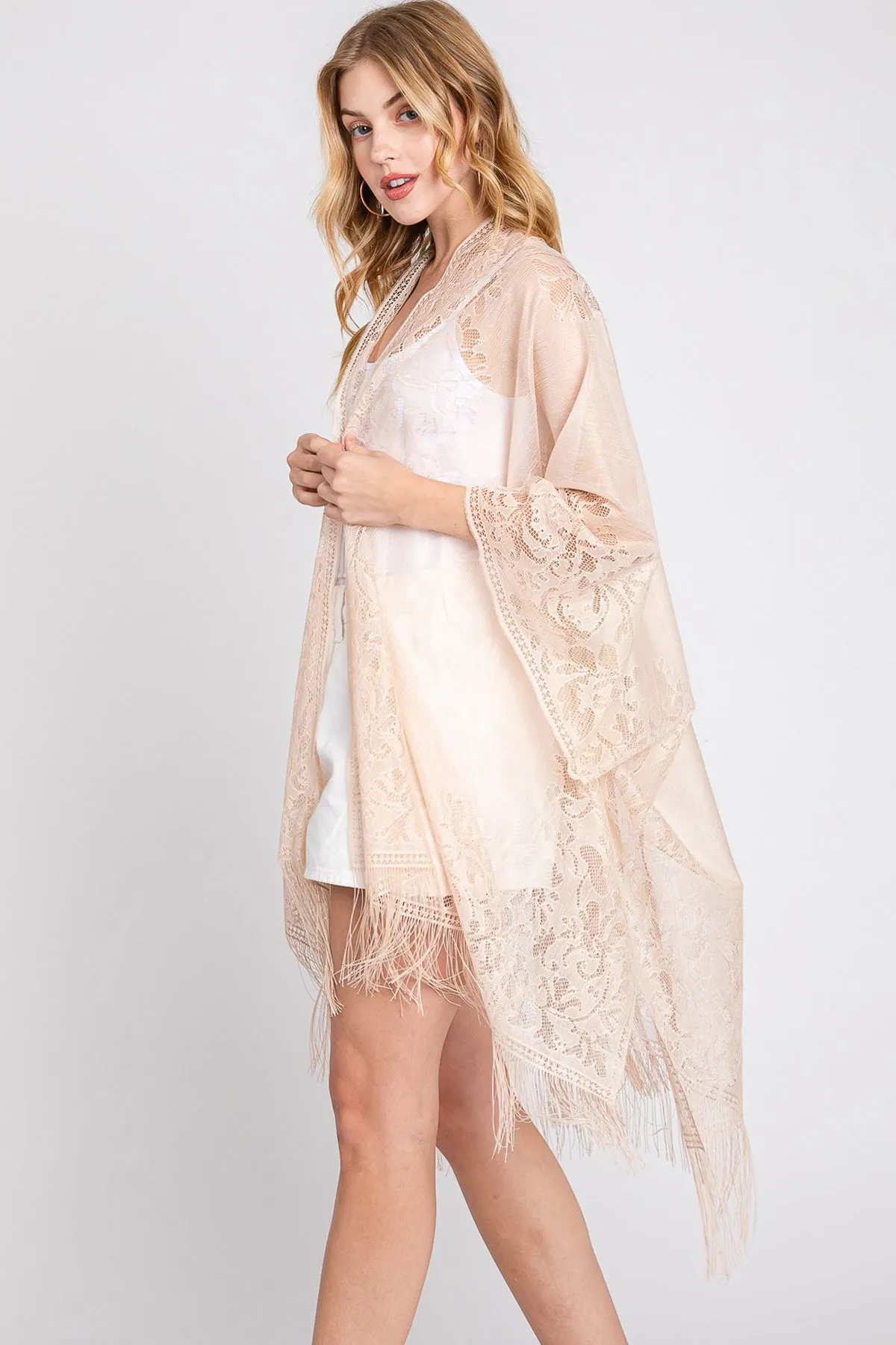 FLORAL LACE KIMONO WITH TASSEL