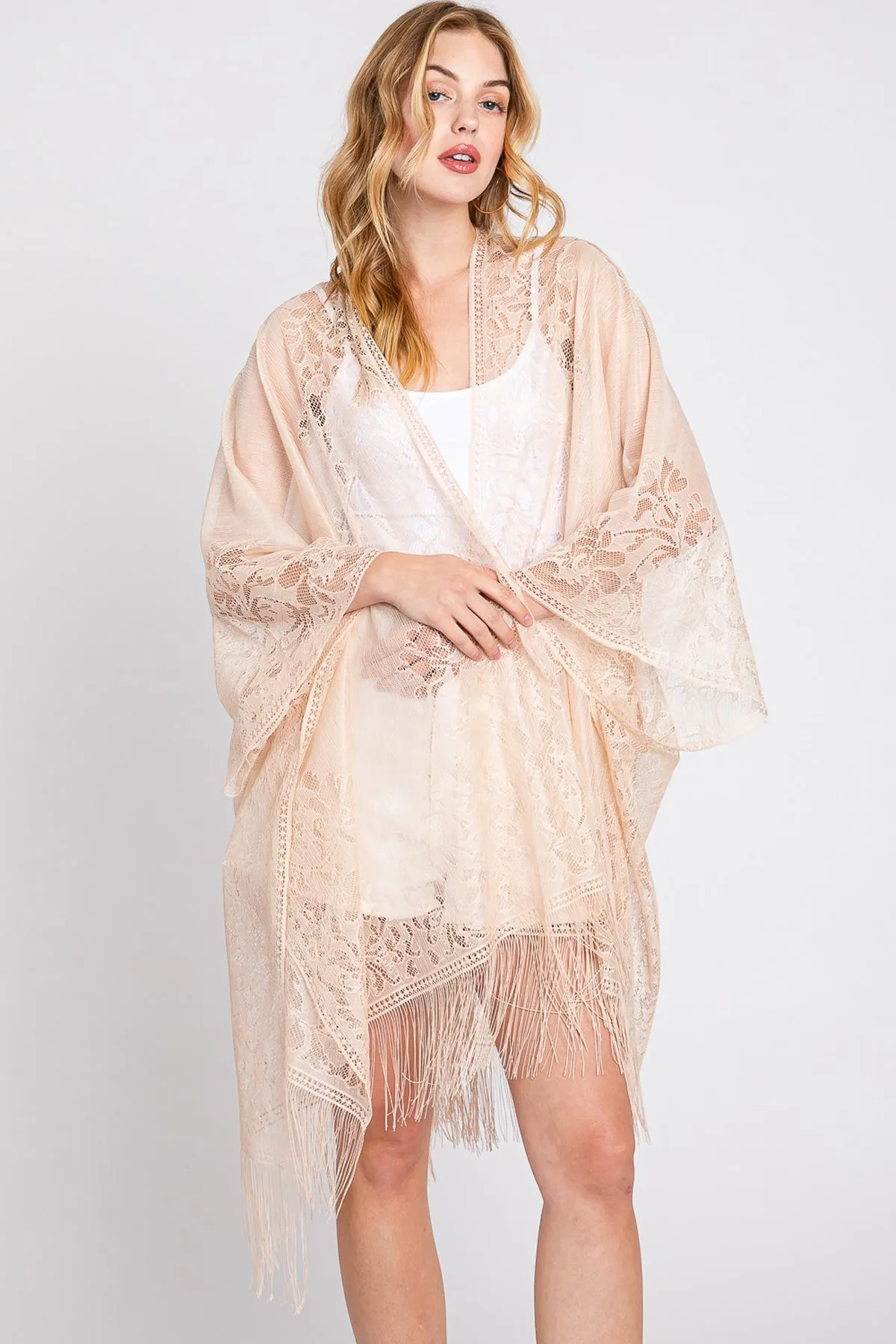 FLORAL LACE KIMONO WITH TASSEL