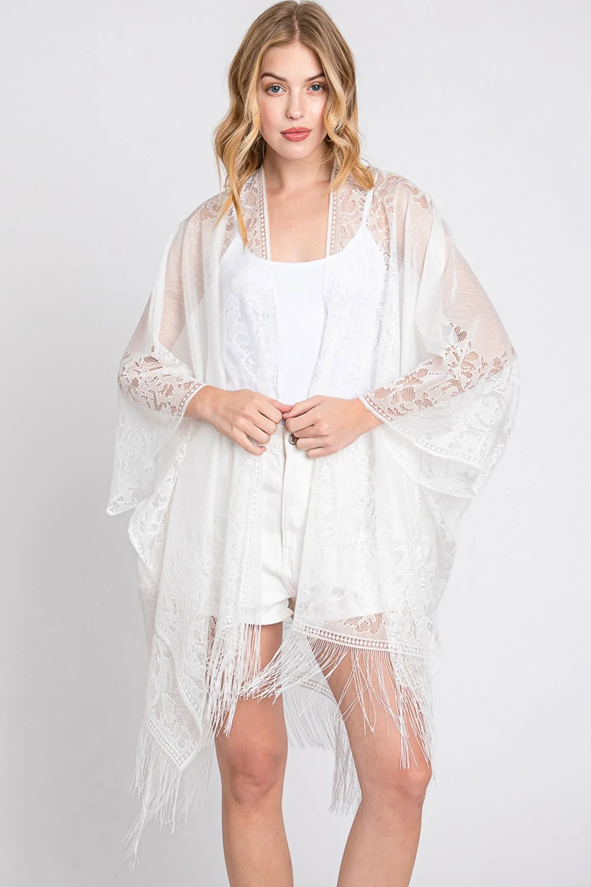 FLORAL LACE KIMONO WITH TASSEL