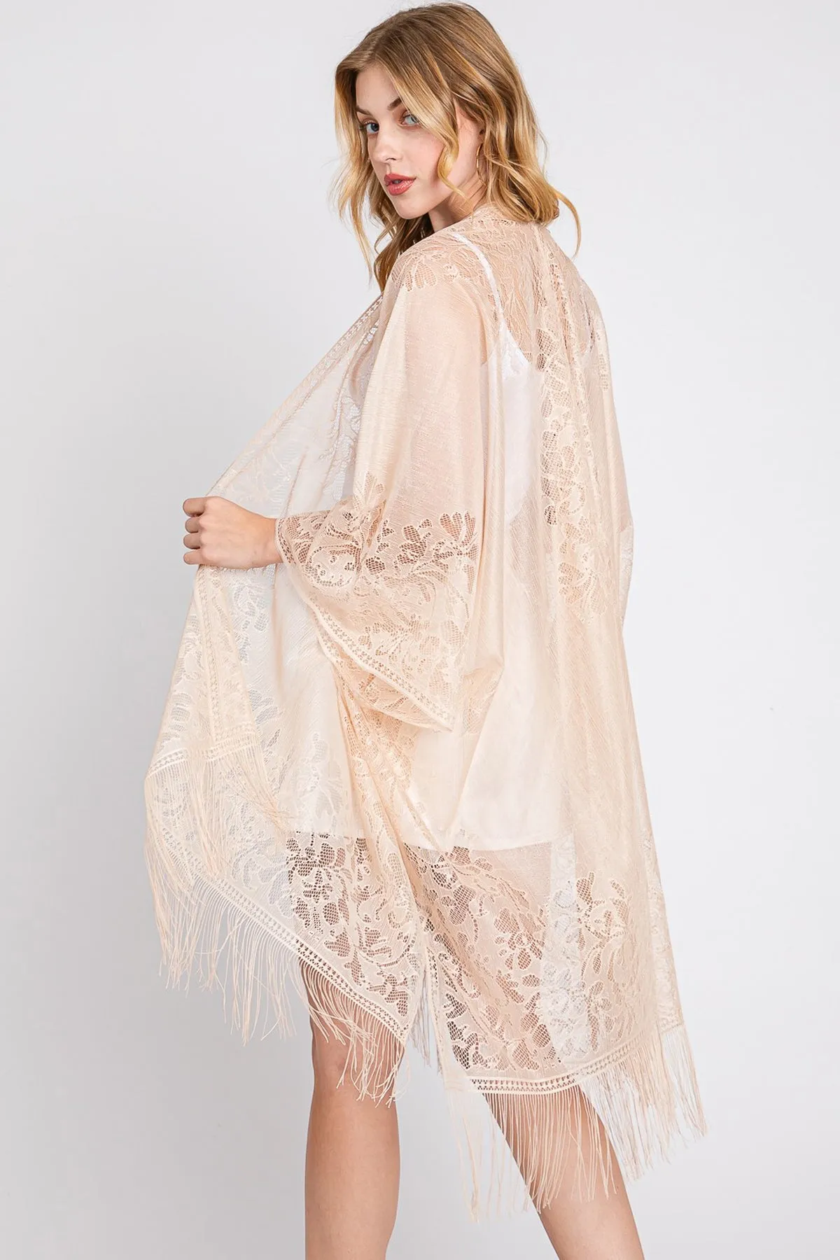 FLORAL LACE KIMONO WITH TASSEL