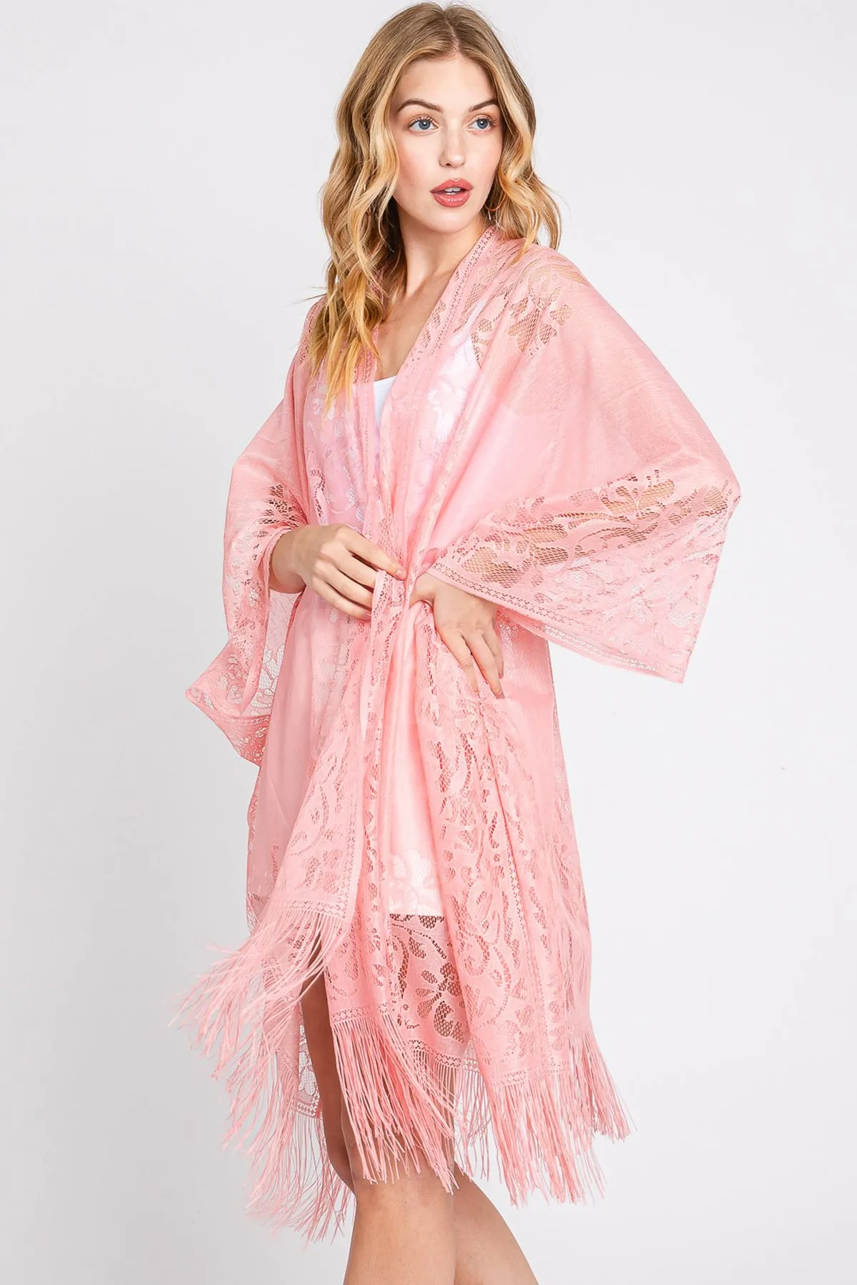 FLORAL LACE KIMONO WITH TASSEL