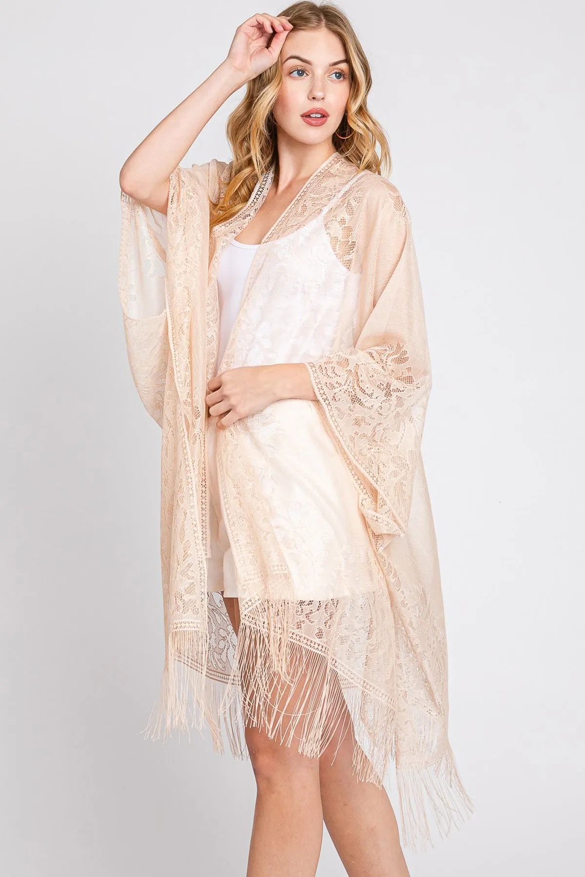 FLORAL LACE KIMONO WITH TASSEL