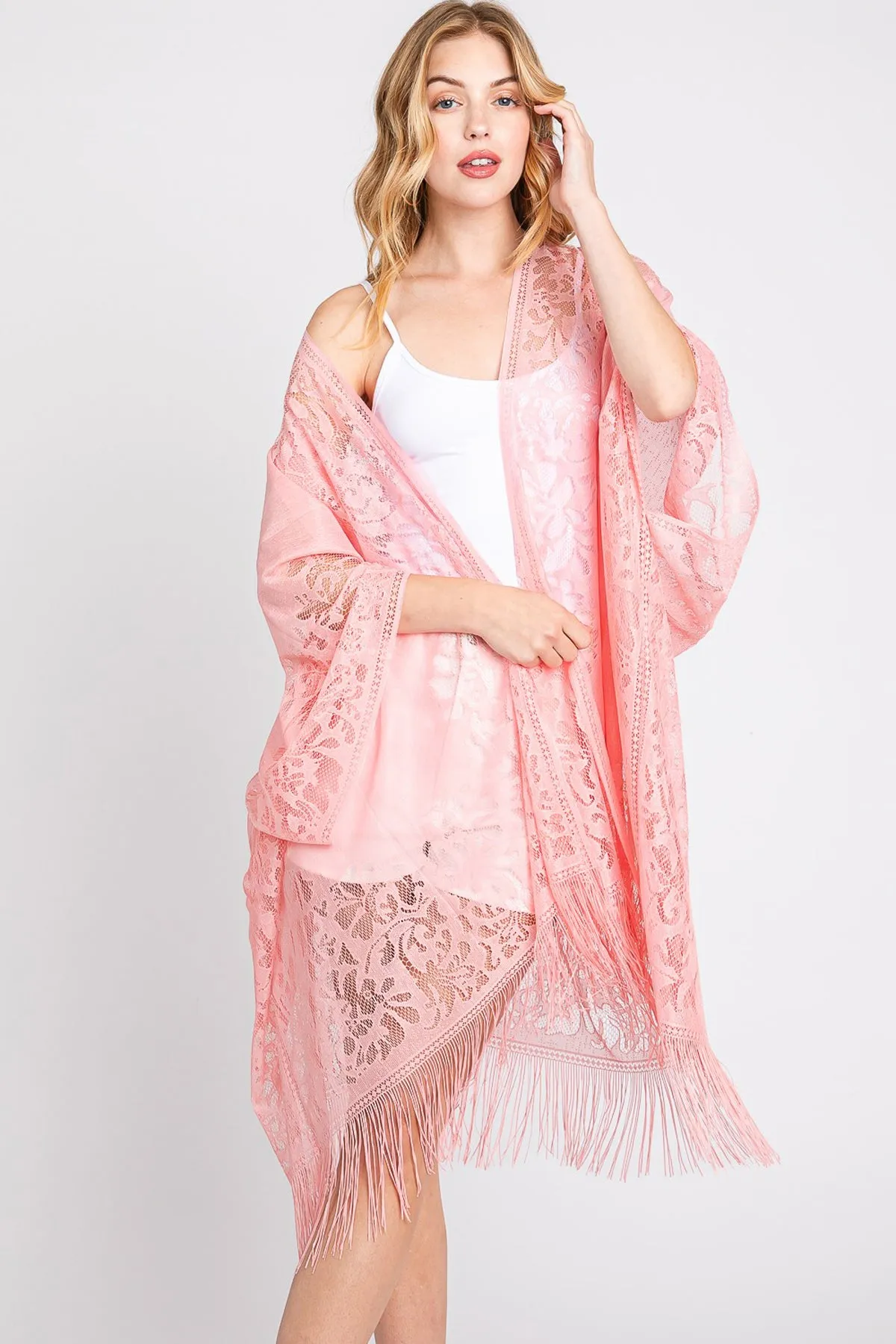 FLORAL LACE KIMONO WITH TASSEL