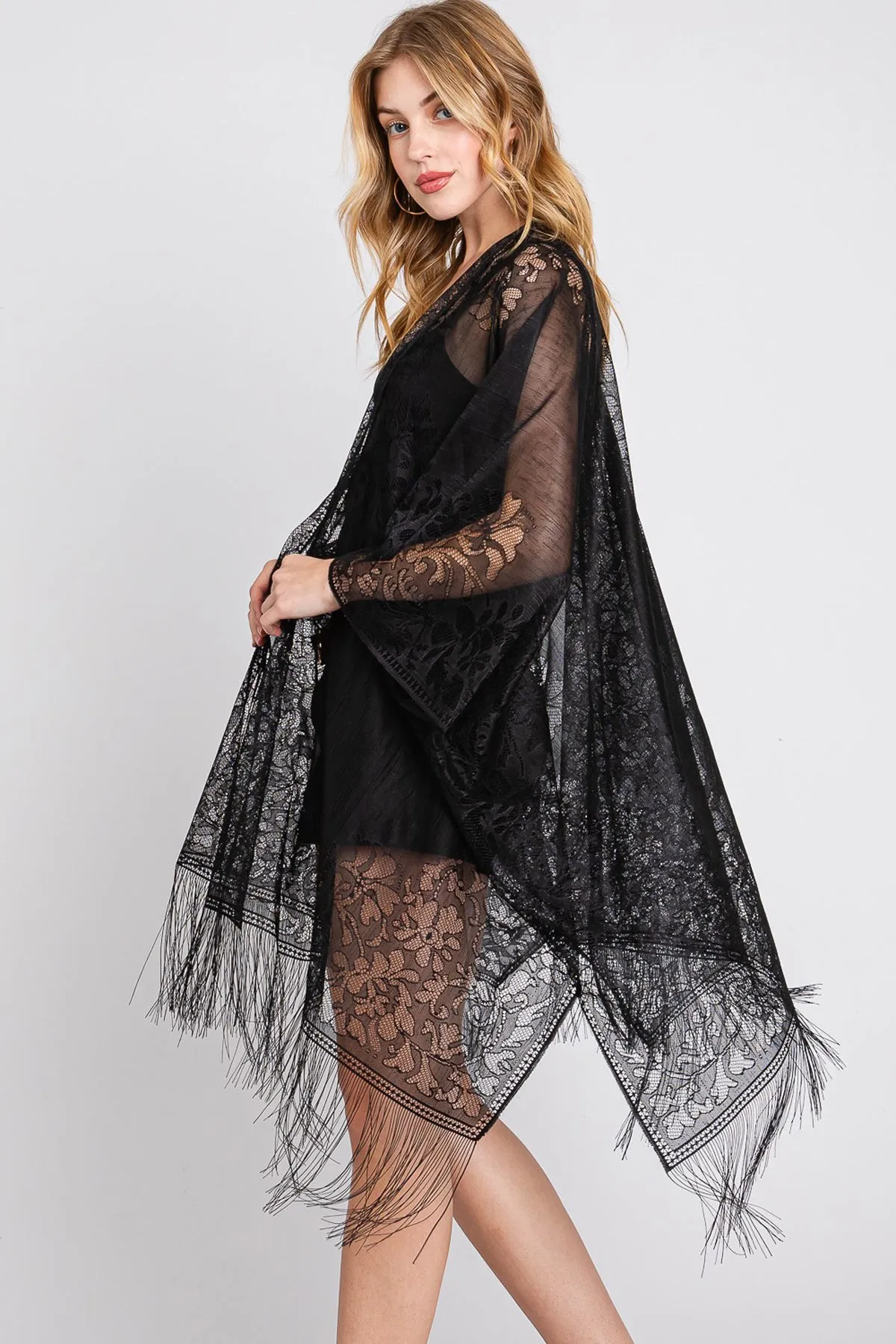 FLORAL LACE KIMONO WITH TASSEL