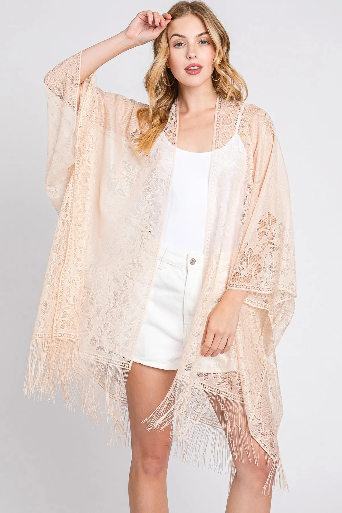 FLORAL LACE KIMONO WITH TASSEL