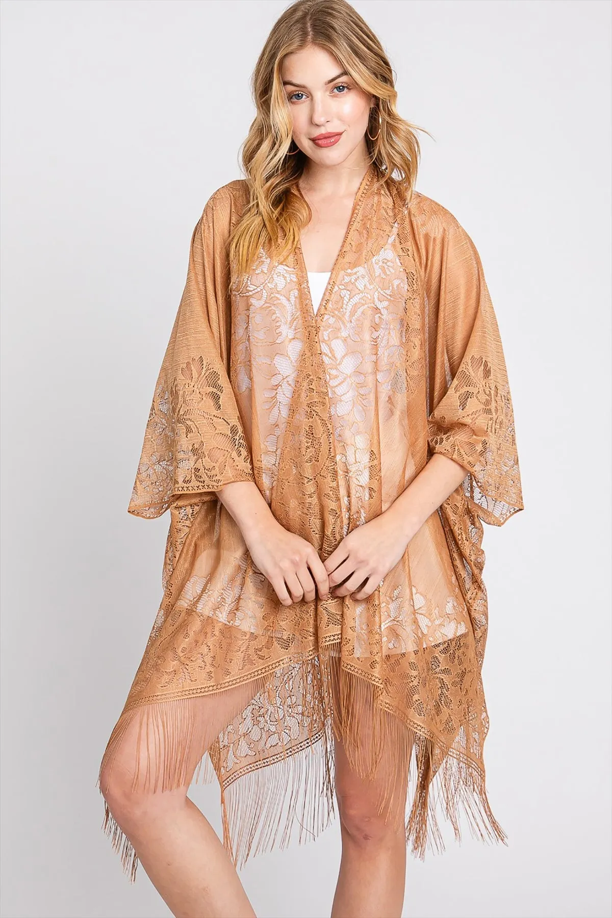 FLORAL LACE KIMONO WITH TASSEL