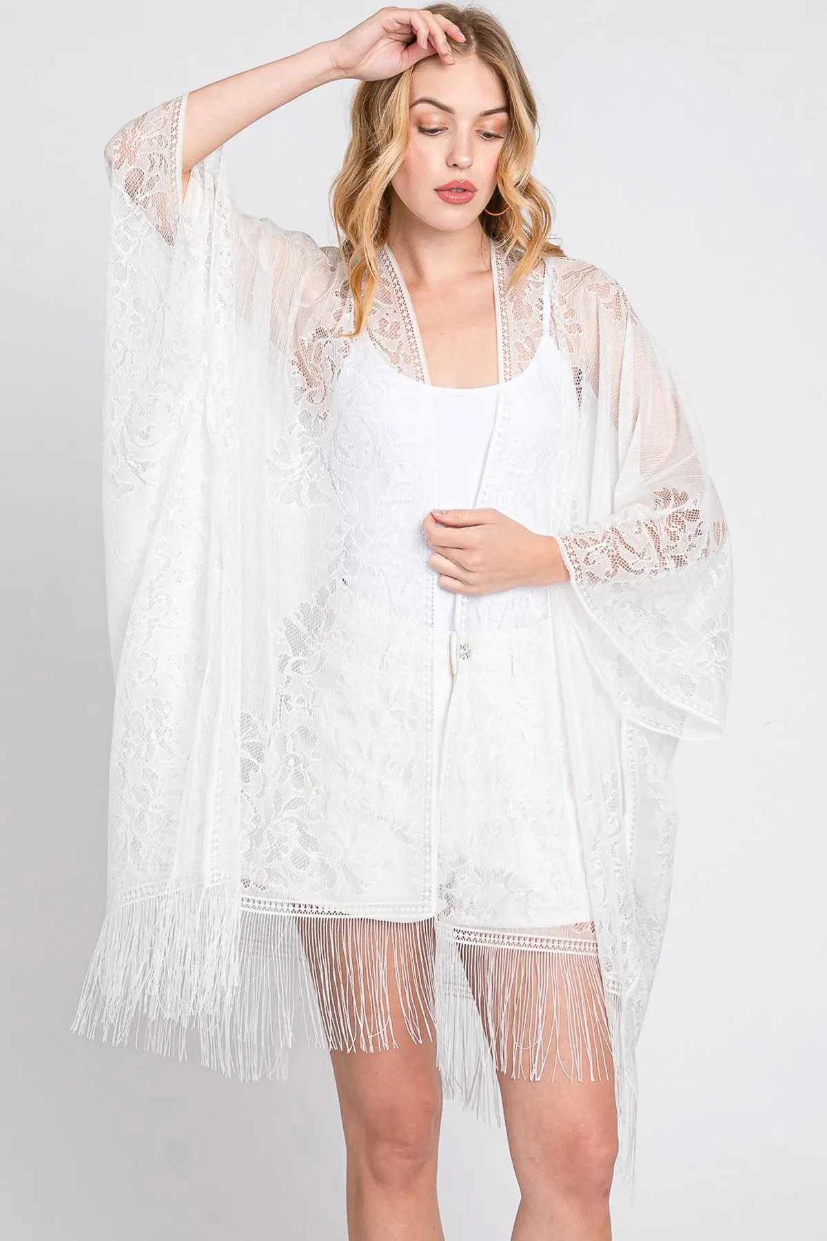 FLORAL LACE KIMONO WITH TASSEL