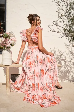 FLORAL OPEN BACK CHIFFON MAXI DRESS