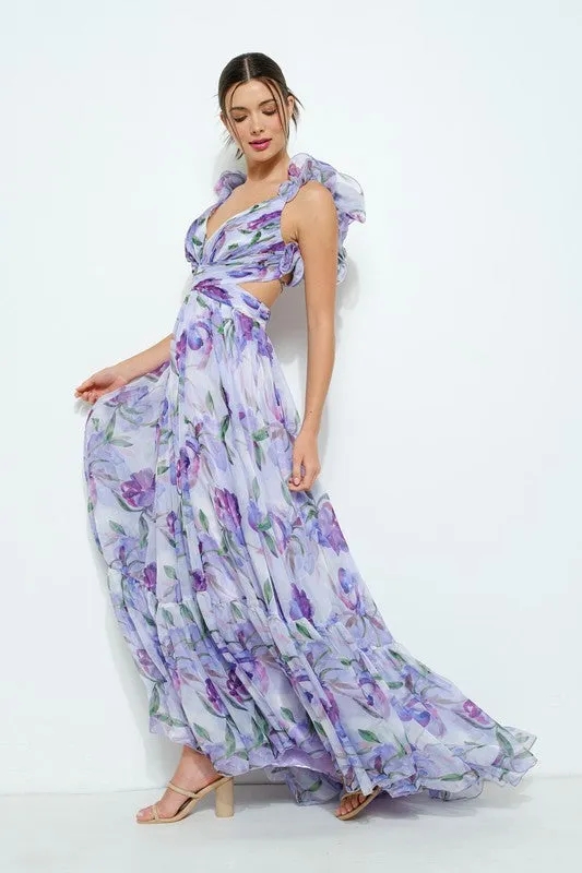 FLORAL OPEN BACK CHIFFON MAXI DRESS