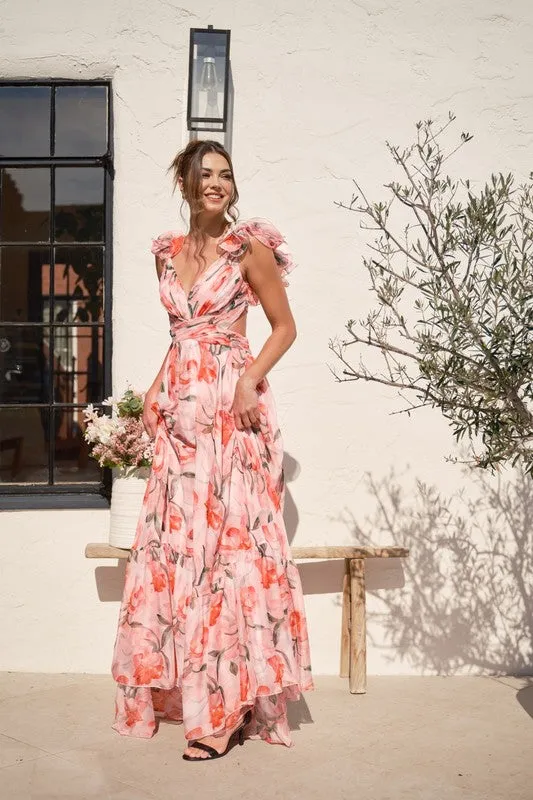 FLORAL OPEN BACK CHIFFON MAXI DRESS