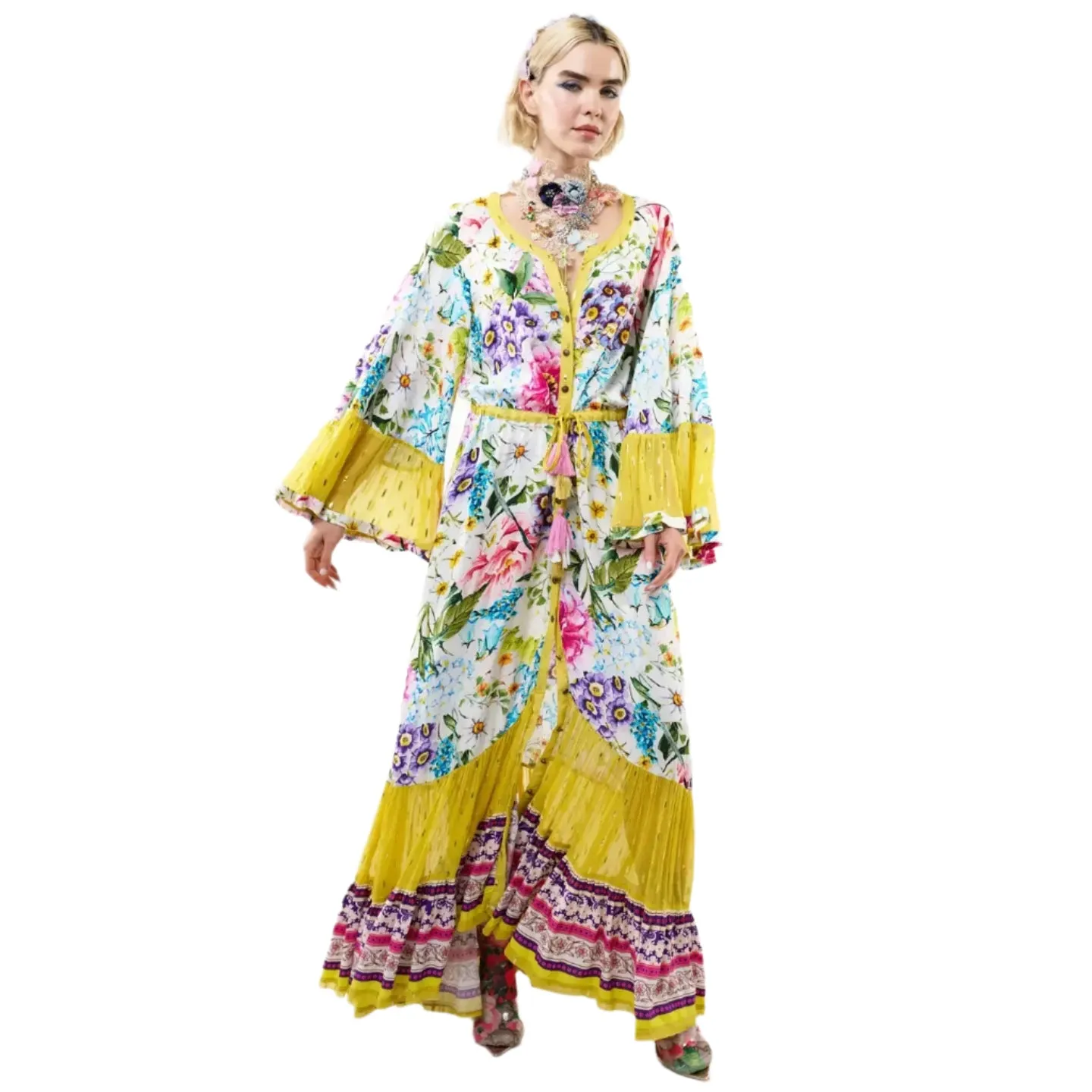 Floral print bell sleeve button-up maxi dress