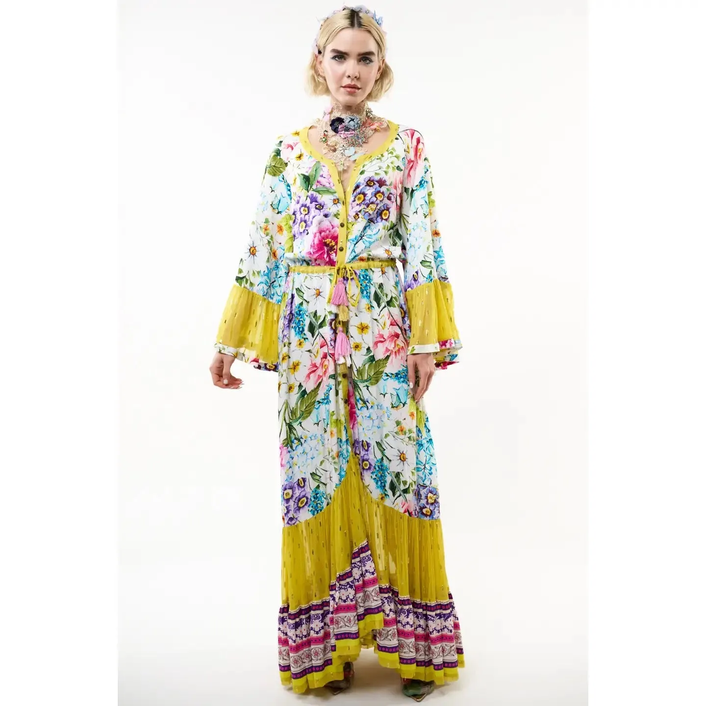 Floral print bell sleeve button-up maxi dress