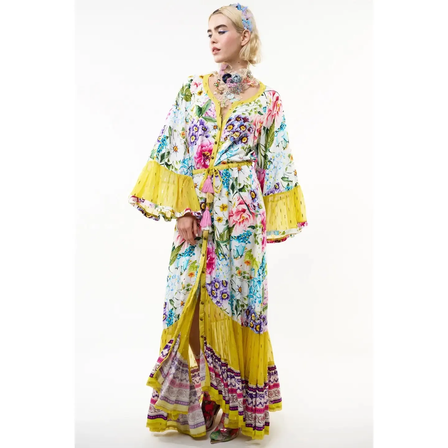 Floral print bell sleeve button-up maxi dress
