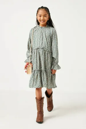 Floral Print Ruffled Waist Long Sleeve Dress