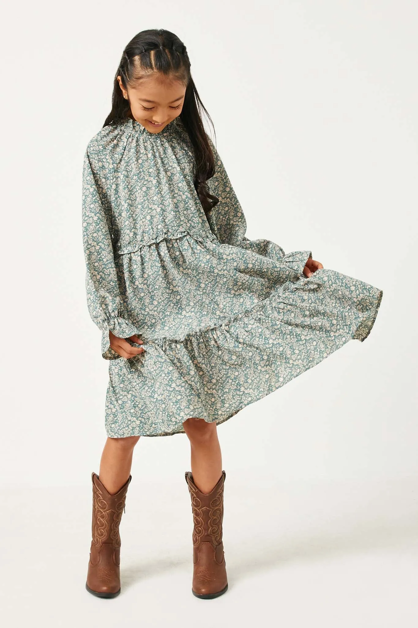 Floral Print Ruffled Waist Long Sleeve Dress