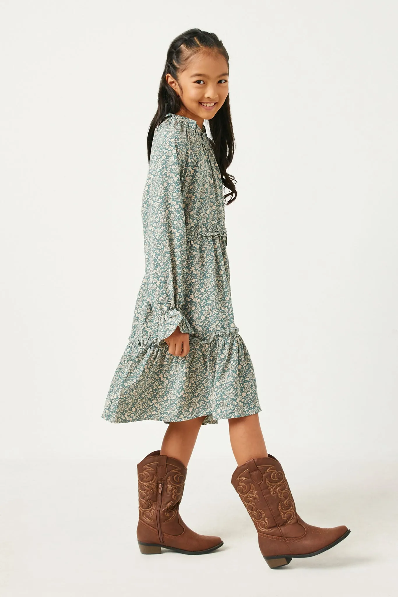 Floral Print Ruffled Waist Long Sleeve Dress