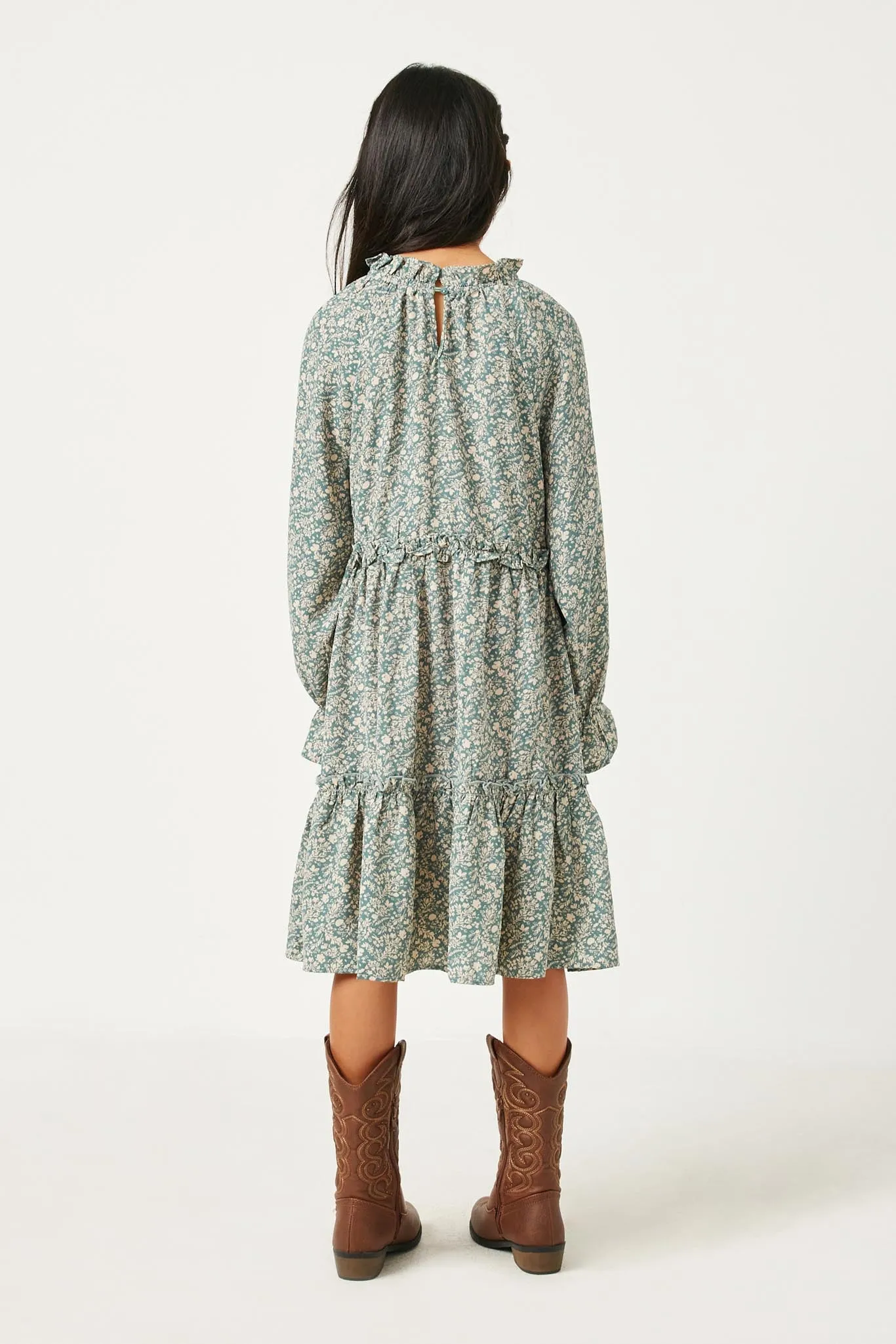 Floral Print Ruffled Waist Long Sleeve Dress