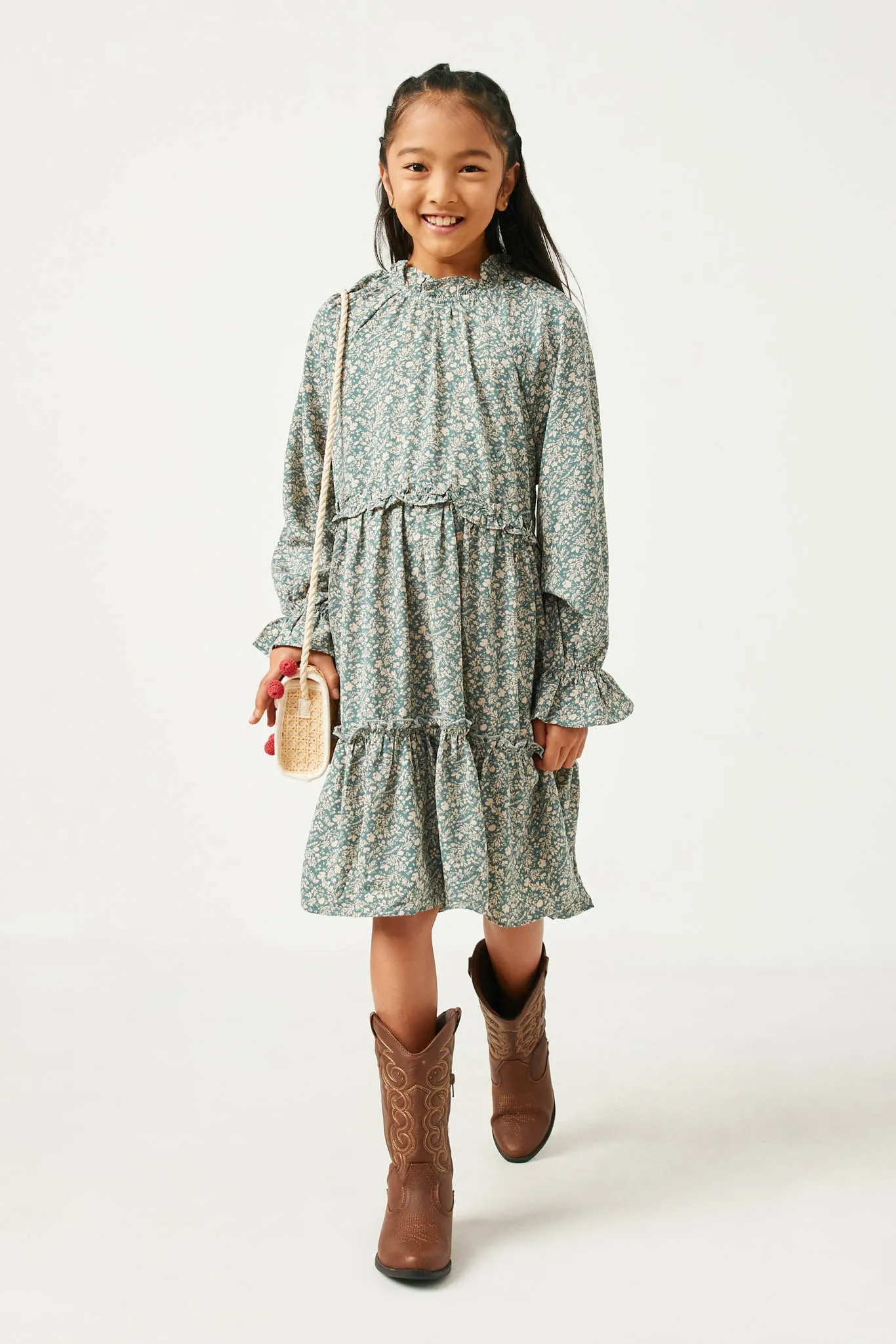 Floral Print Ruffled Waist Long Sleeve Dress