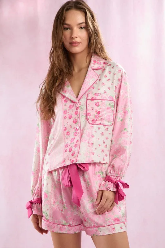 Floral Printed Satin Pajamas Set