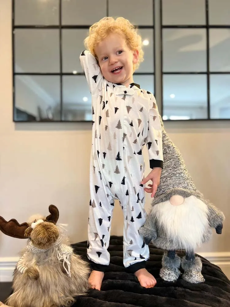 Forest Pine Trees Print Baby  and Toddler Zip Romper Sleepsuit - White