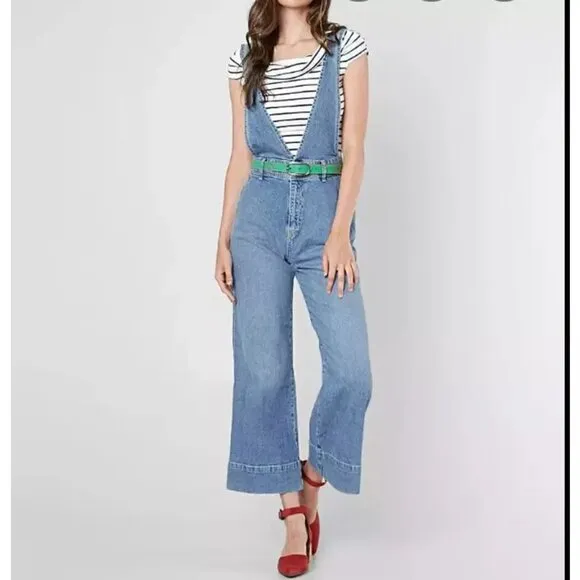 Free People A Line Denim Overalls Sz 6 Jumpsuit Cropped Boho Preppy Y2K Workwear