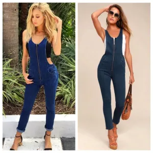 Free People Jax Blue Denim Jumpsuit/ Overalls with Front Zipper