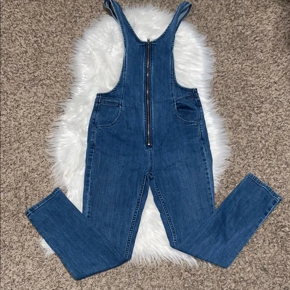Free People Jax Blue Denim Jumpsuit/ Overalls with Front Zipper