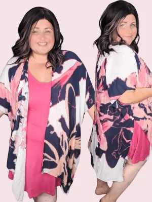 Gena Abstract Floral Print Kimono in Pink   Navy
