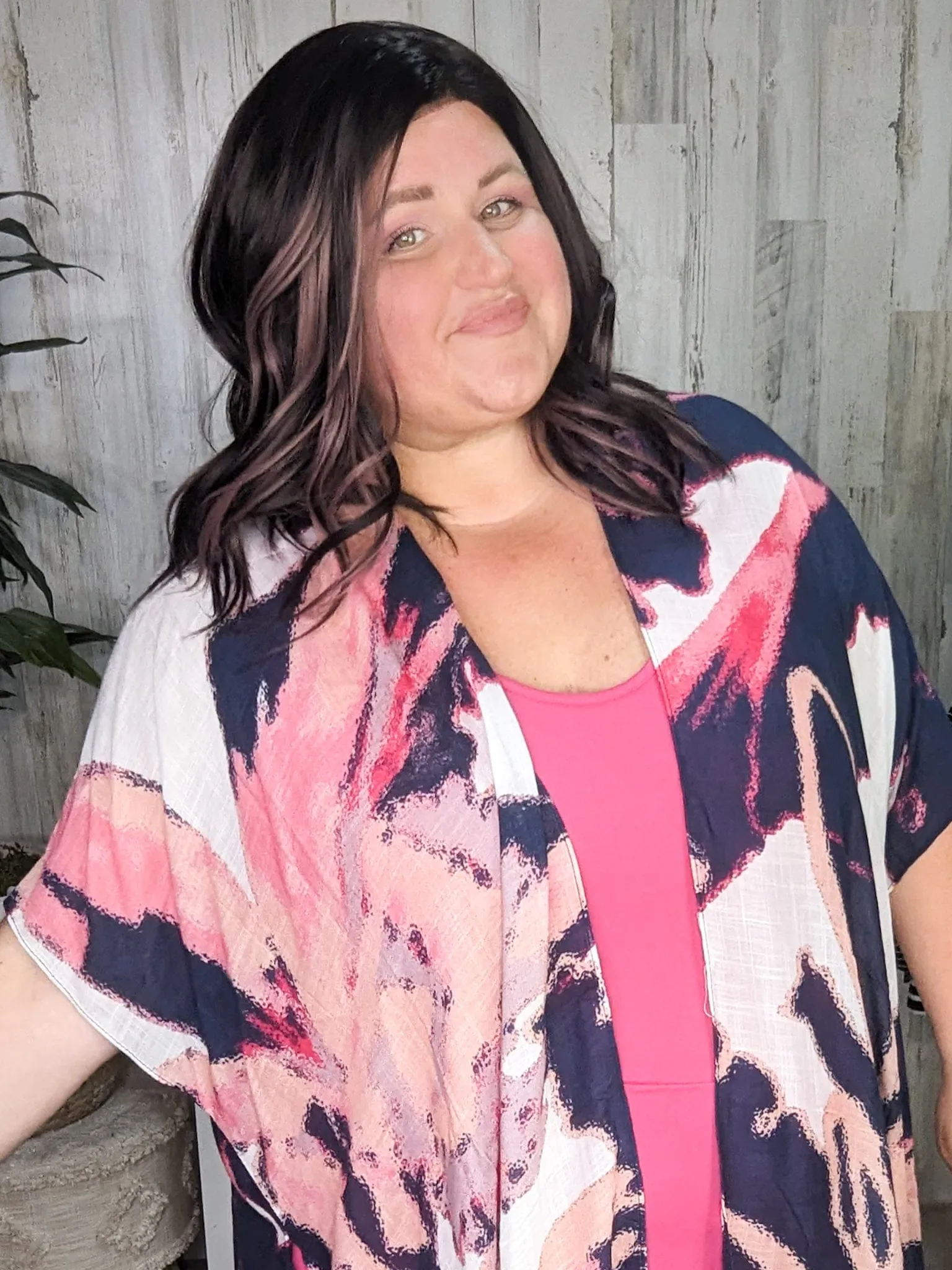 Gena Abstract Floral Print Kimono in Pink   Navy