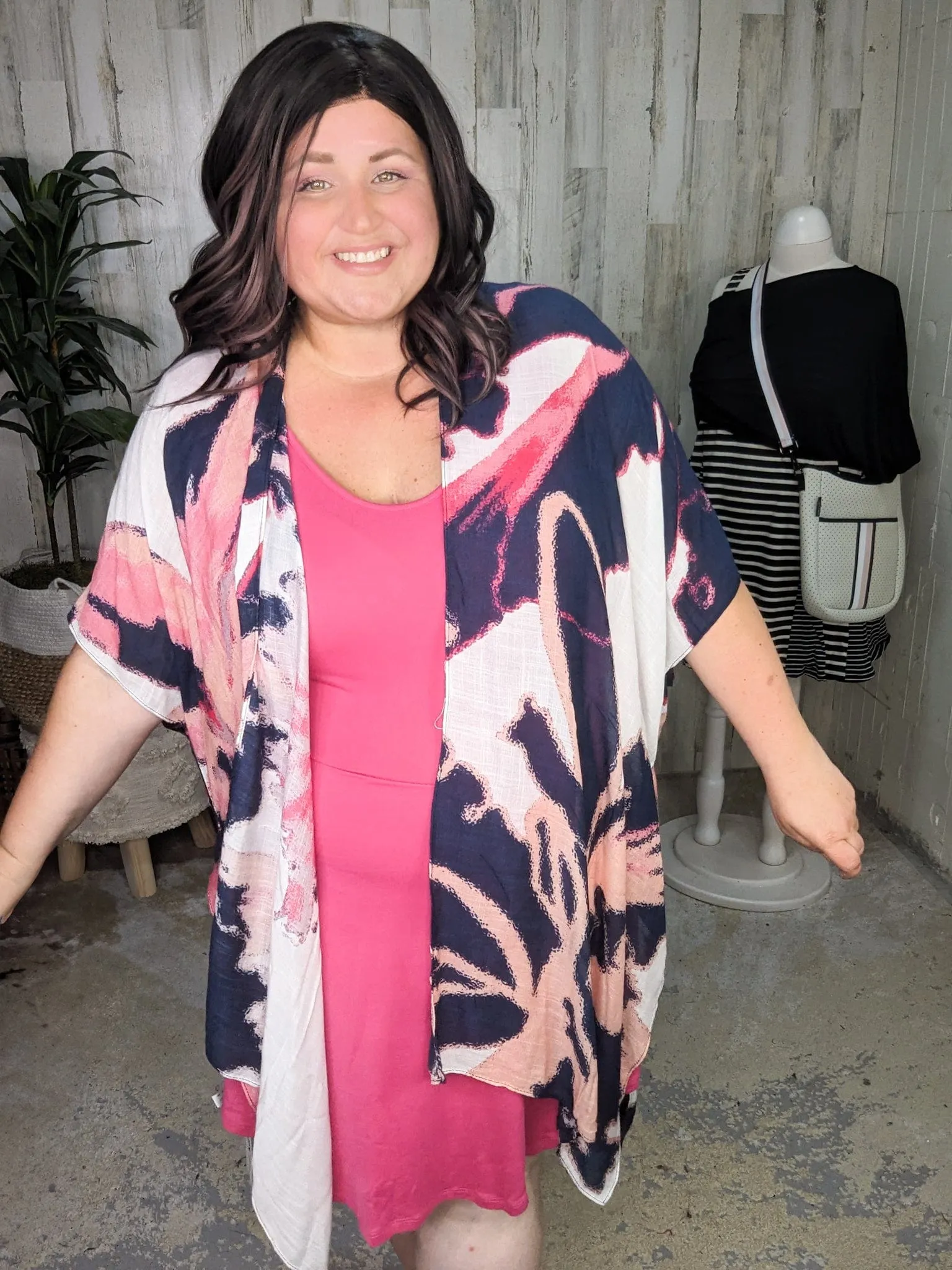 Gena Abstract Floral Print Kimono in Pink   Navy