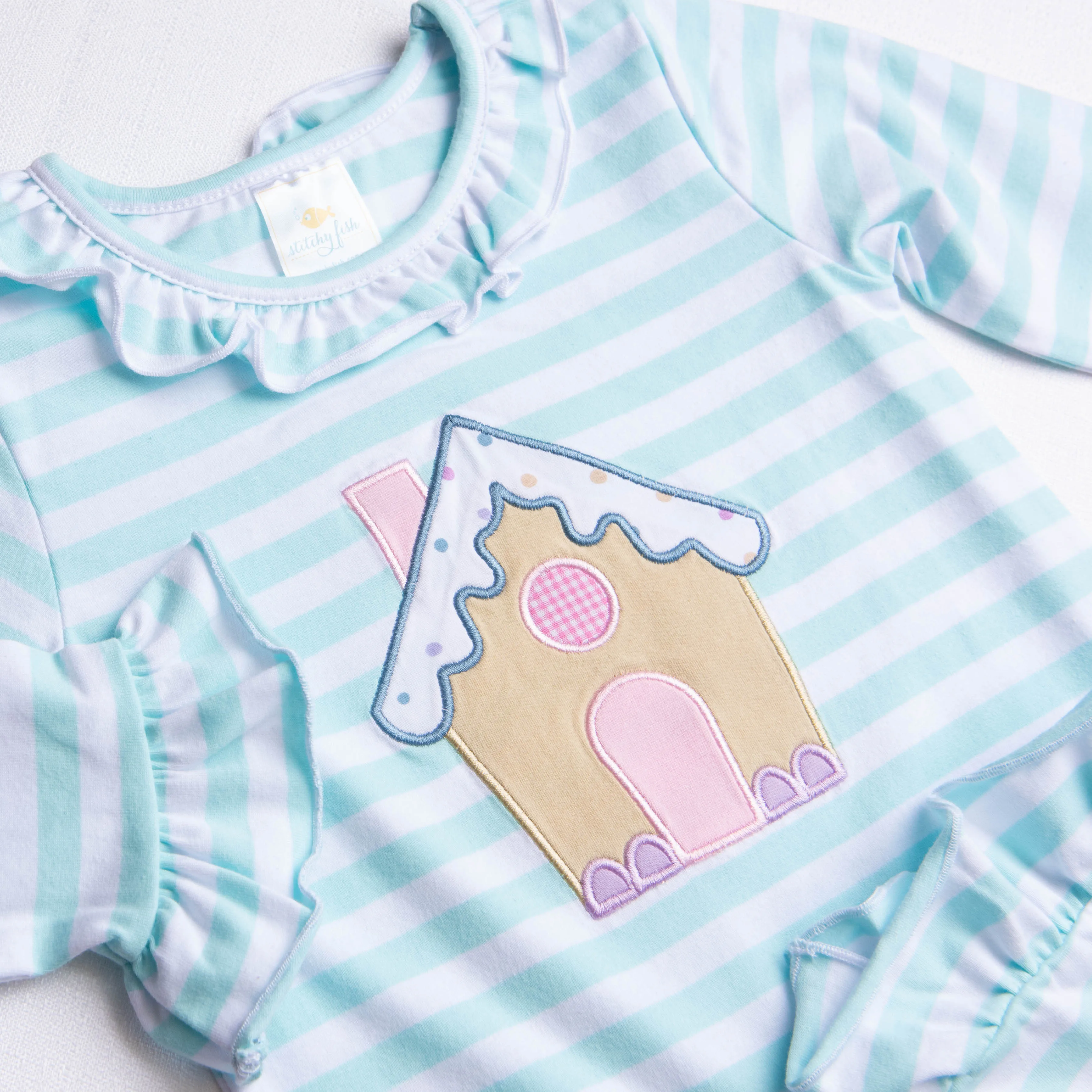 Gingerbread Applique Romper, Mint Stripe