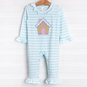 Gingerbread Applique Romper, Mint Stripe