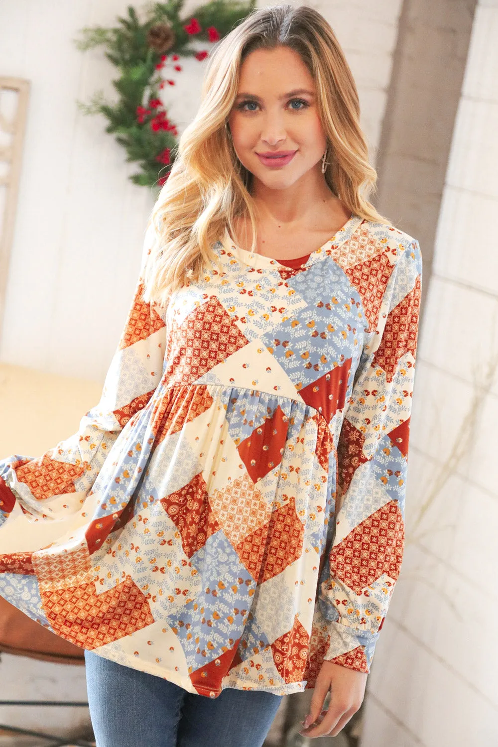 Gingerbread Floral Patchwork Babydoll Top