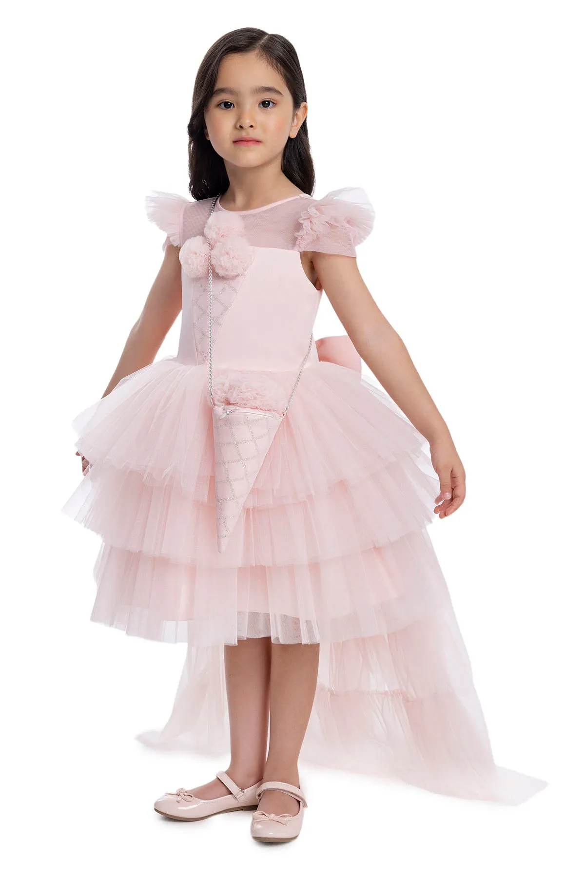 Girls Pink Tutu Birthday Party Dress with Long Tail