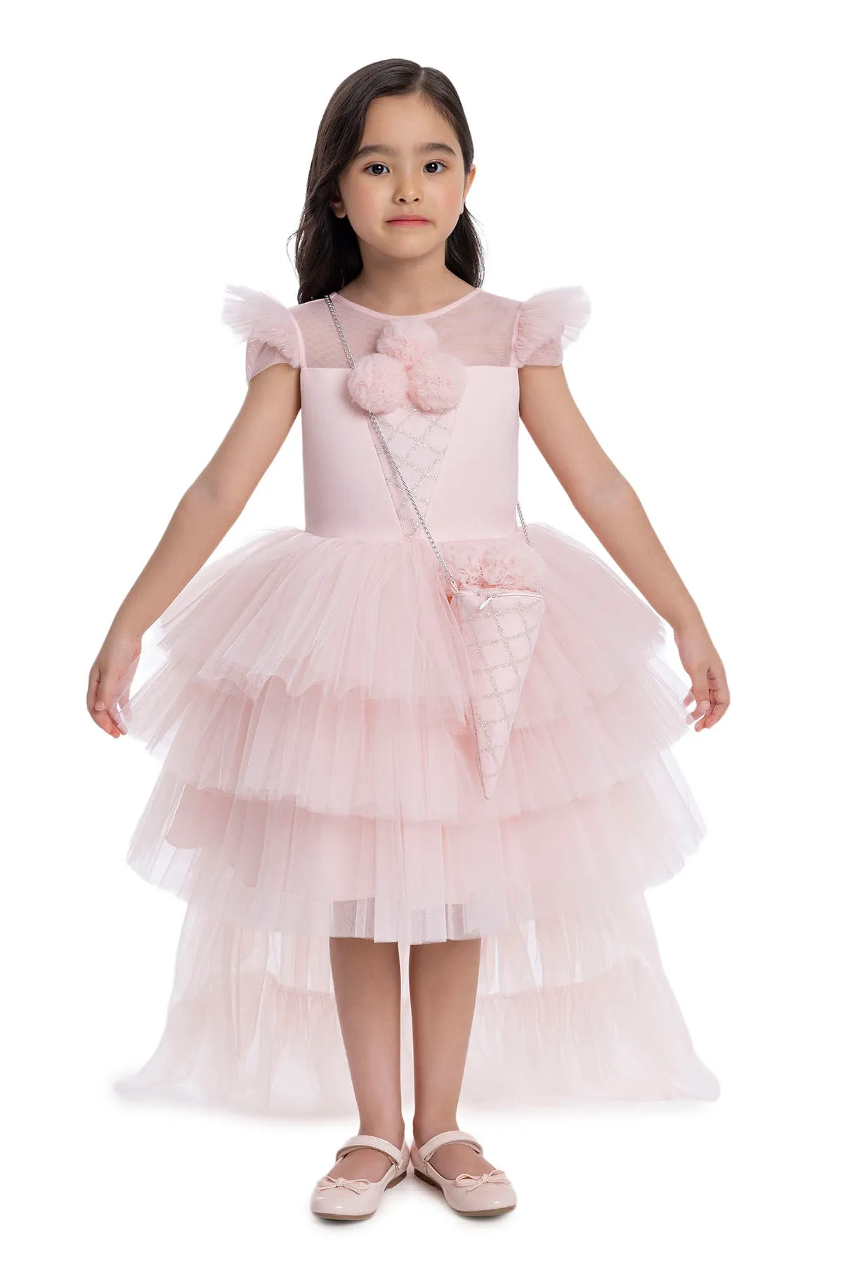 Girls Pink Tutu Birthday Party Dress with Long Tail