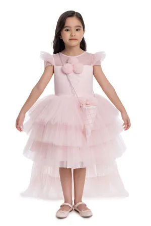 Girls Pink Tutu Birthday Party Dress with Long Tail