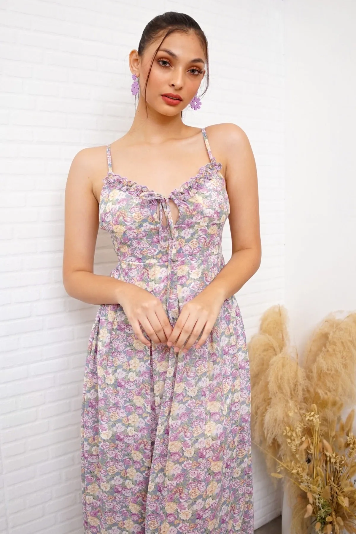 GISELLE Ruffled-Bustier Floral Midi Dress in Lavender