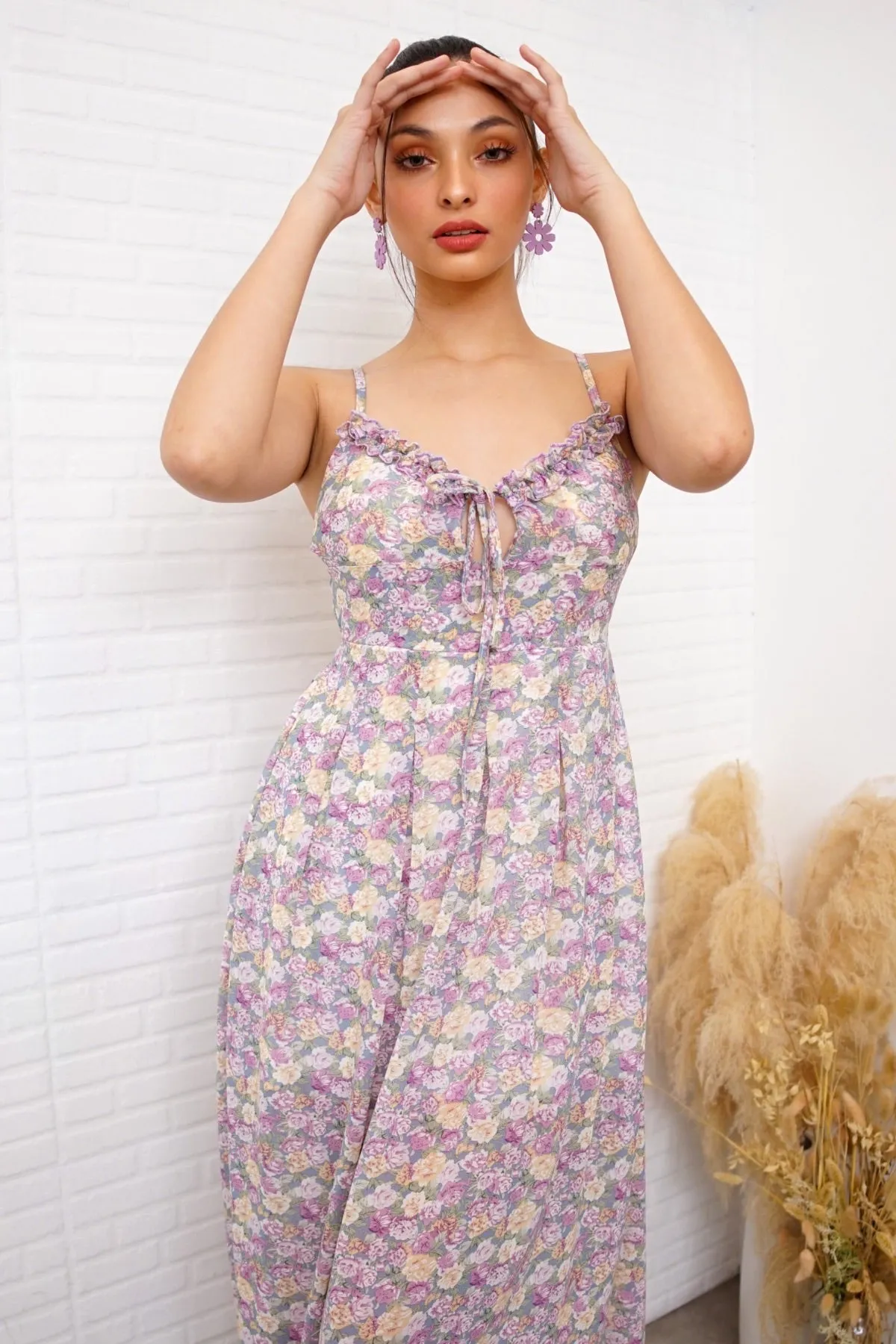 GISELLE Ruffled-Bustier Floral Midi Dress in Lavender