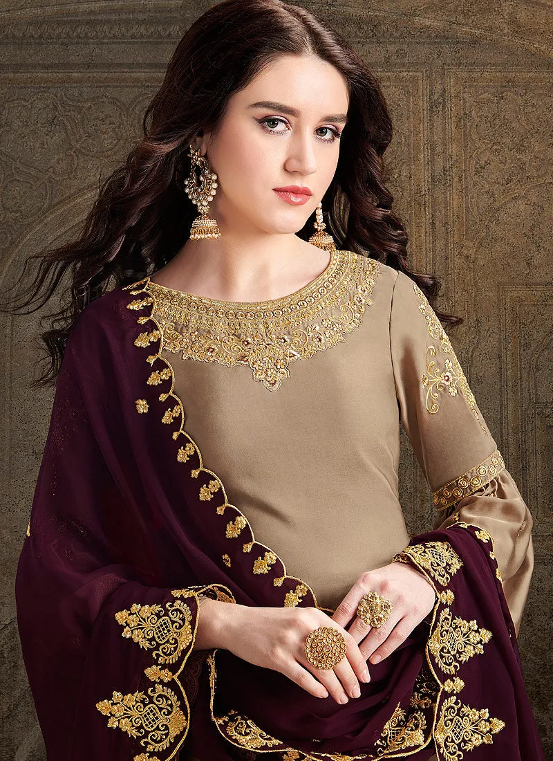 Golden And Maroon Designer Sharara Suit