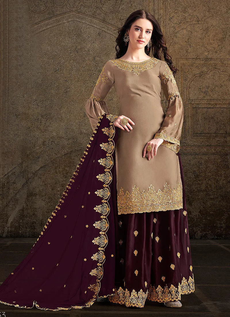 Golden And Maroon Designer Sharara Suit