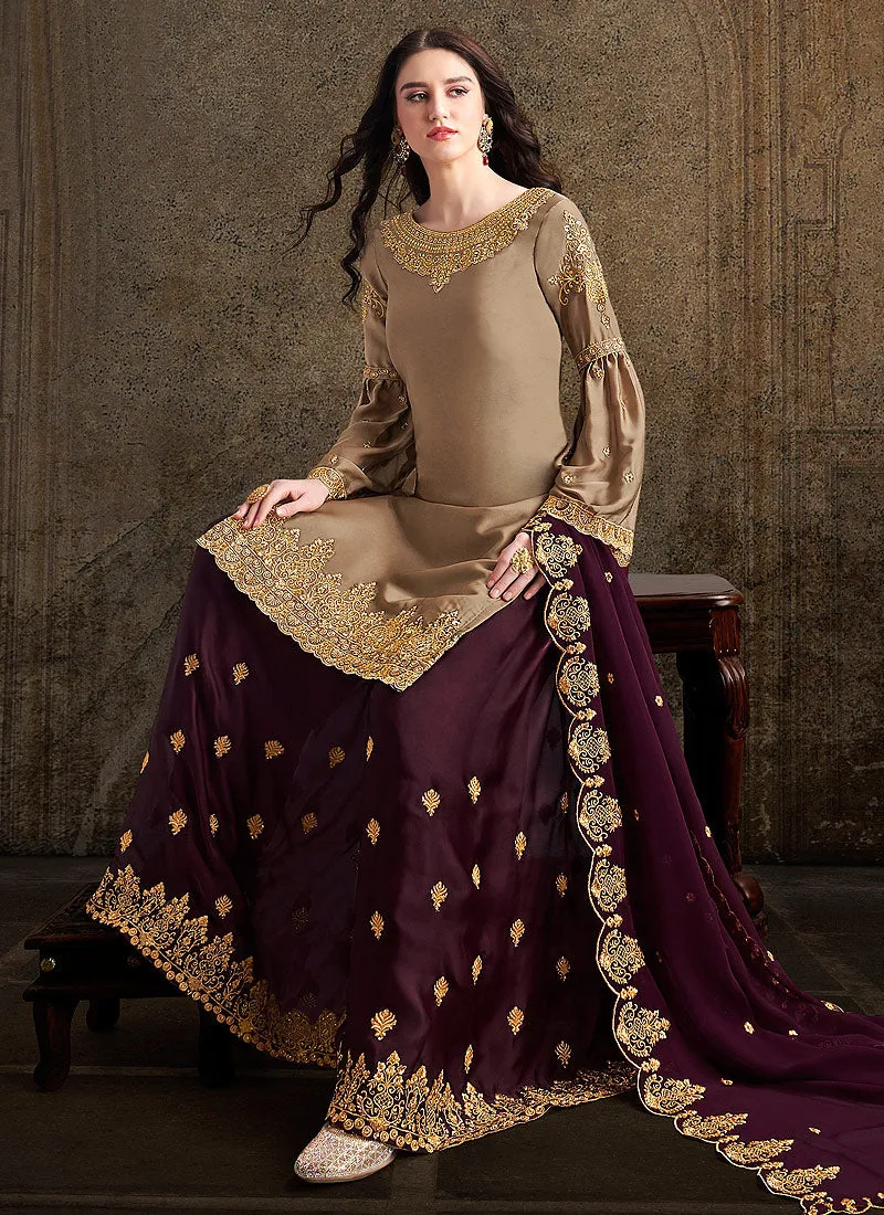 Golden And Maroon Designer Sharara Suit