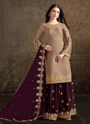 Golden And Maroon Designer Sharara Suit