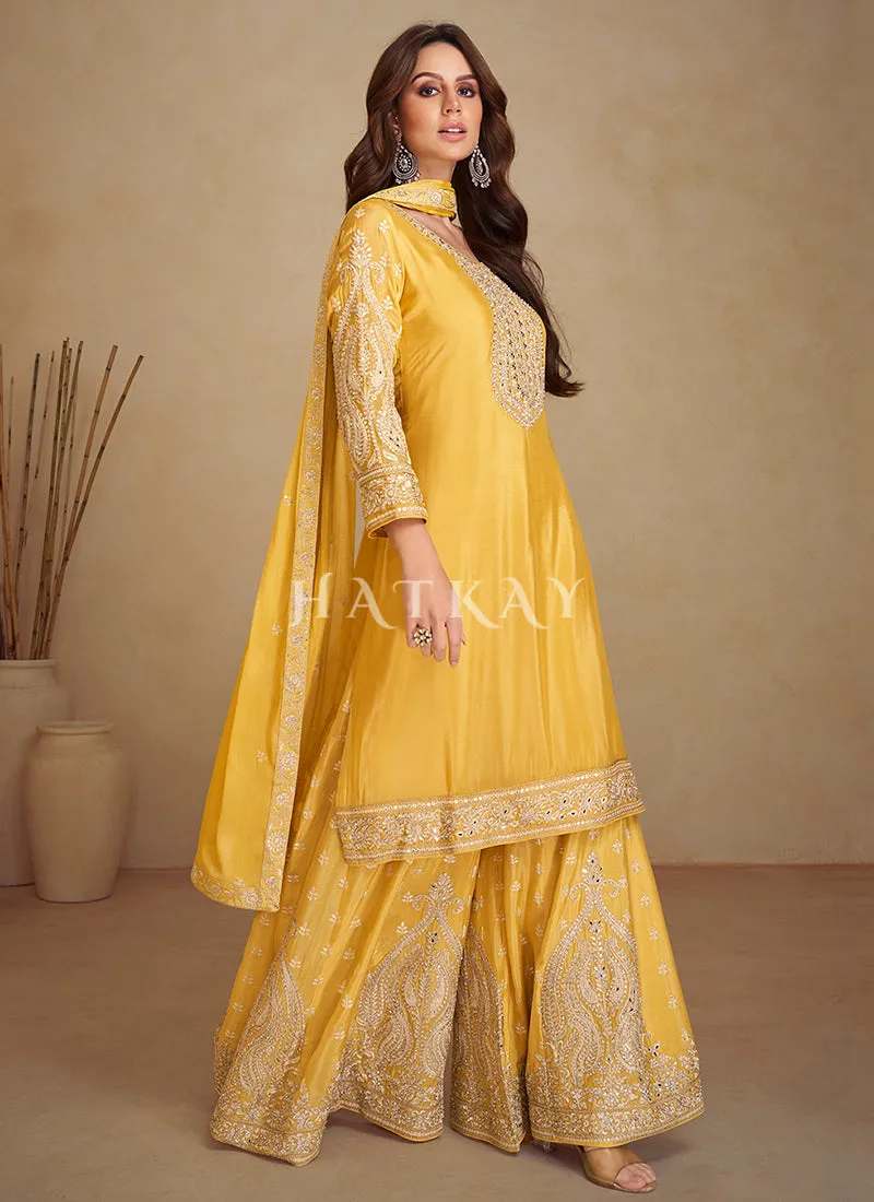 Golden Yellow Embroidered Kurti And Palazzo Suit