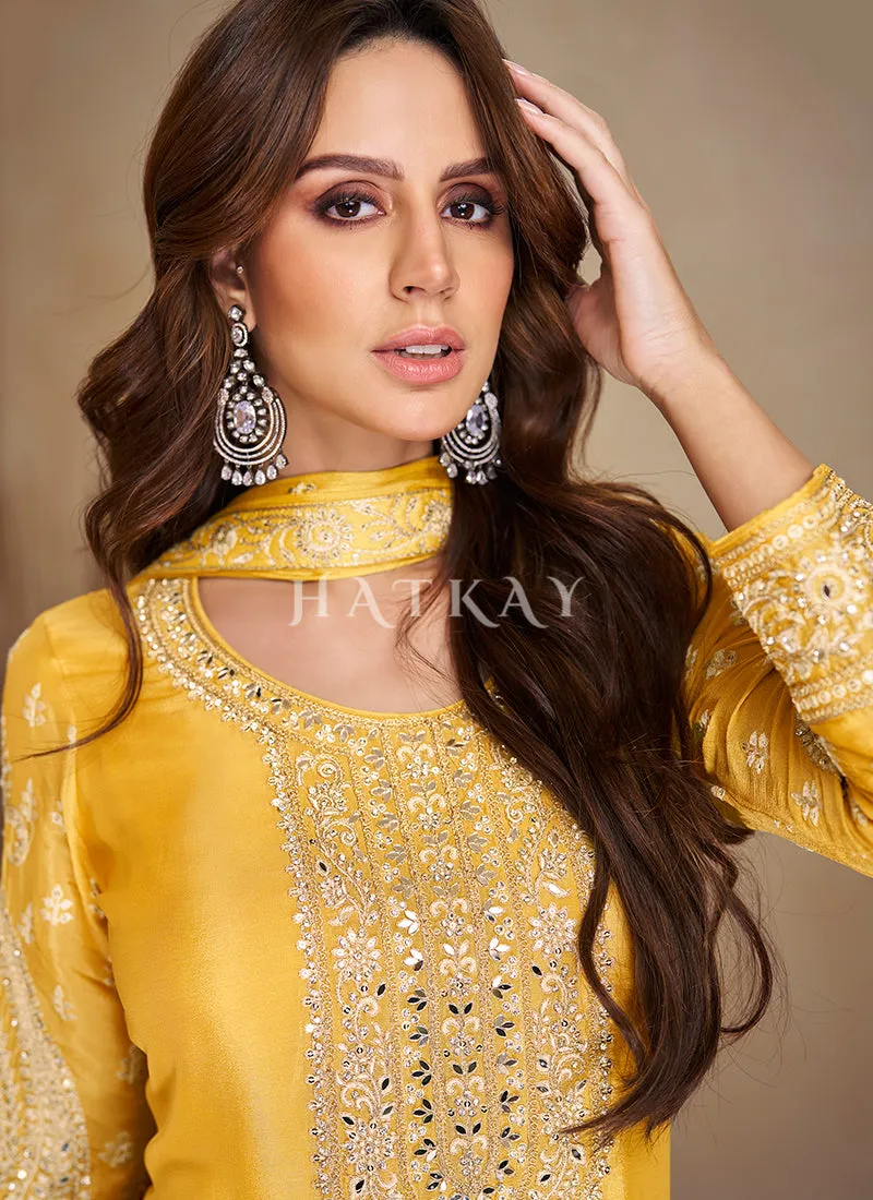 Golden Yellow Embroidered Kurti And Palazzo Suit