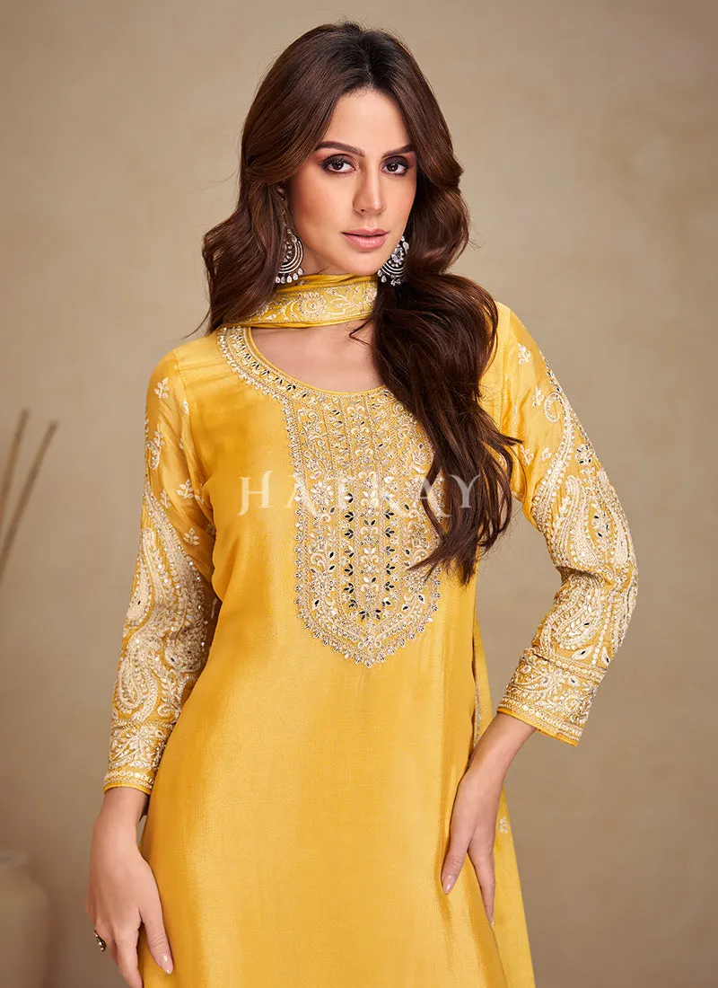 Golden Yellow Embroidered Kurti And Palazzo Suit