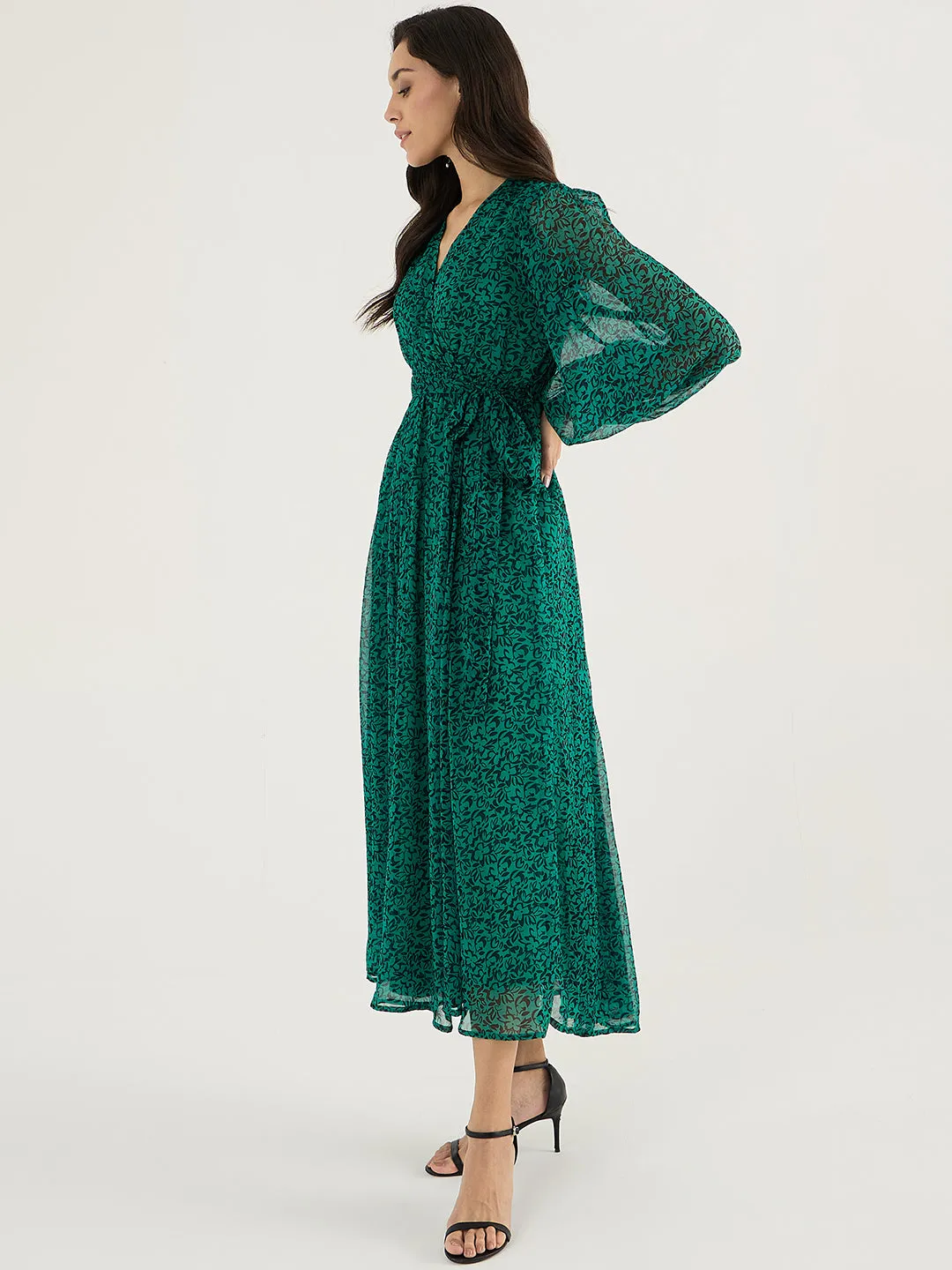 Green And Black Floral Print Wrap Maxi Dress