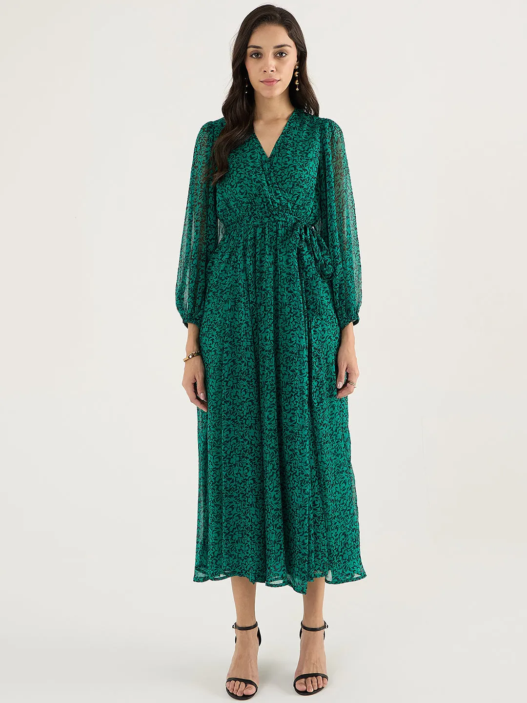 Green And Black Floral Print Wrap Maxi Dress