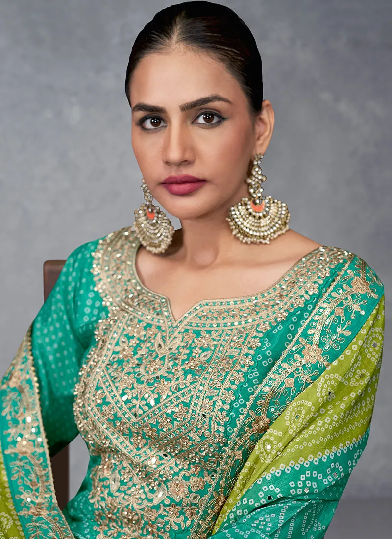 Green And Lime Mirror Embroidery Bandhani Prited Palazzo Suit
