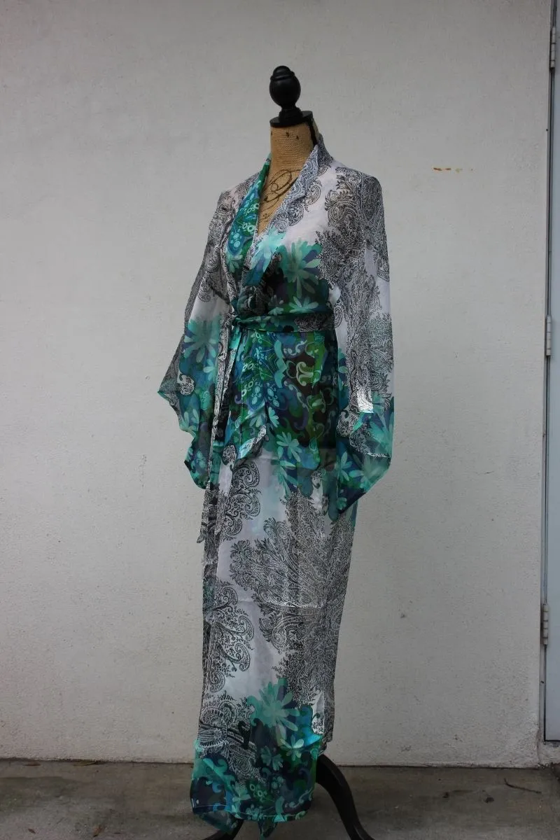 Green and White Chiffon Classic Kimono